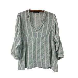 Zara Light Green Boho Embroidered Pom Pom Trim Lightweight Blouse Size Small